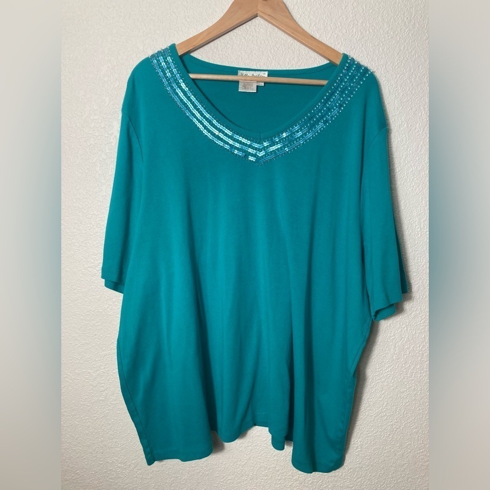 Ulla Popken teal blue green Vneck blouse sequins 24/26